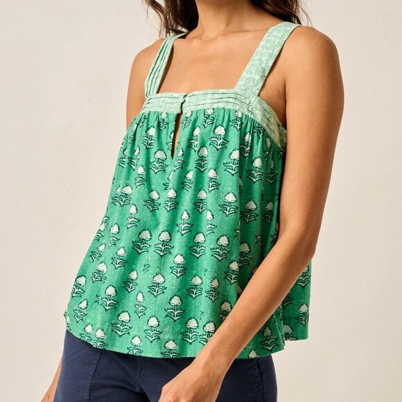 Johnnie-O Elin Contrast Block Print Tank Top in Ming Green Square Neck Breezy - Picture 1 of 16